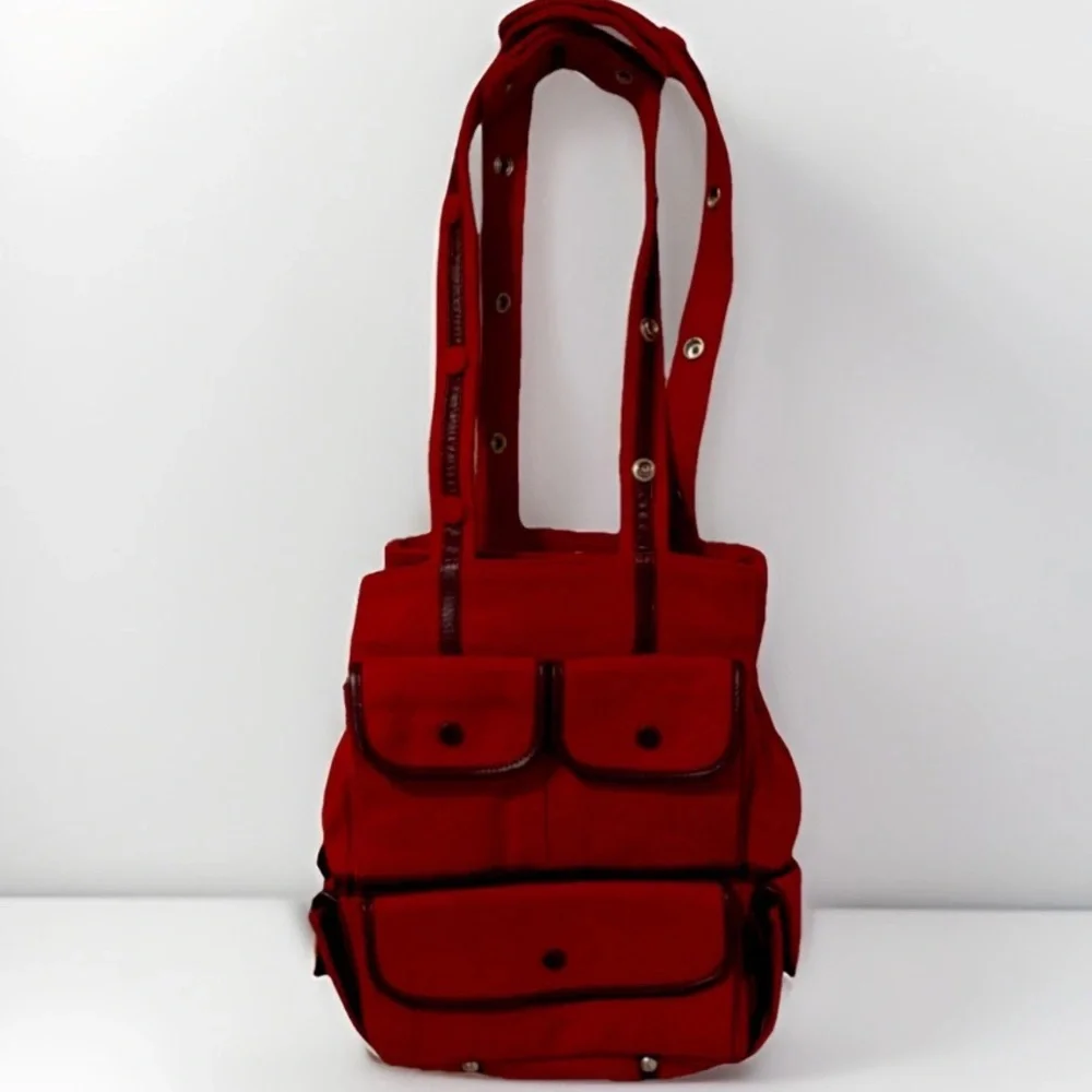 Lumi Red Shoulder Bag with Leather Trim, Snap & Zipper Accents, Multiple Pockets